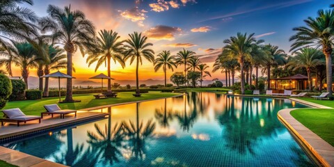 Luxurious five star hotel pool at dusk with palm trees and lush green grass , vacation, relaxation, evening, upscale