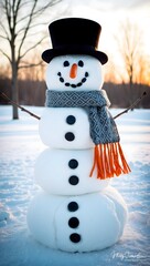 Obraz premium Snowman with a carrot nose, hat, scarf, coal buttons and stick arms standing outside on a winters day. Concept of winter, snow and childhood.