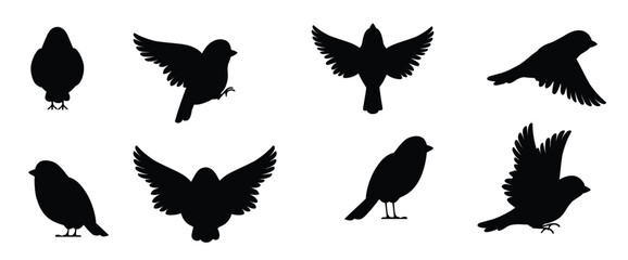 Black silhouette. icon set of sparrow bird. character . bird icon in different side of view. cute sparrow for world sparrow day. illustration.