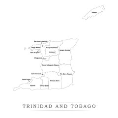 Fototapeta premium Administrative regions of TRINIDAD AND TOBAGO. Province, state, division name with white map with black outline. Vector illustration 