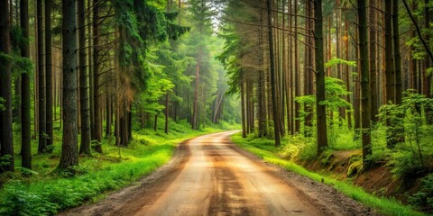 Obraz premium A narrow dirt road winding through a dense forest , forest, trees, nature, scenic, pathway, trail, rural, solitude