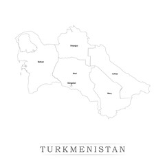 Administrative regions of TURKMENISTAN. Province, state, division name with white map with black outline. Vector illustration	