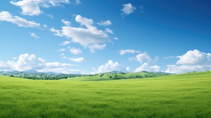 Obraz premium A serene landscape featuring lush green fields under a bright blue sky with fluffy clouds.