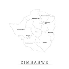 Administrative regions of ZIMBABWE. Province, state, division name with white map with black outline. Vector illustration	