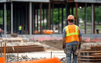 Construction worker wearing an orange safety vest and hardhat, standing on a construction site.