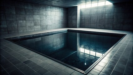 Obraz premium Lifeless black mirror pool reflecting dark and eerie surroundings, reflection, water, nature, black, eerie, mysterious, murky