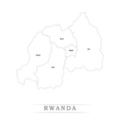 Administrative regions of RWANDA. Province, state, division name with white map with black outline. Vector illustration	