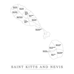 Administrative regions of SAINT KITTS AND NEVIS. Province, state, division name with white map with black outline. Vector illustration	