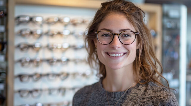 A smiling young Caucasian woman tries on glasses, standing in front of a display of various eyeglass frames in an optometry shop.	