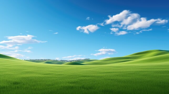 A serene landscape featuring rolling green hills under a bright blue sky with scattered clouds.