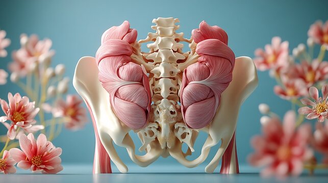 3D Human Pelvic Floor Anatomy: A comprehensive 3D rendering of the pelvic floor muscles, showing their function and position.