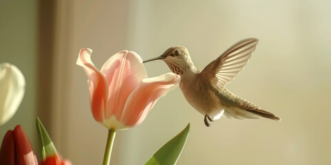 Naklejka premium Hummingbird Hovering Near Pink Tulip in Soft Morning Light - Spring Wildlife Photography