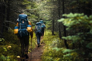 Backpackers hiking through a dense forest, carrying camping gear and following a trail.