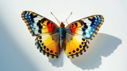 Naklejka premium Vibrant Multicolored Butterfly with Spotted Wings on a Plain White Background