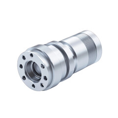 A detailed close-up of a shiny metallic hydraulic connector showcasing its precision and durable design. transparent background