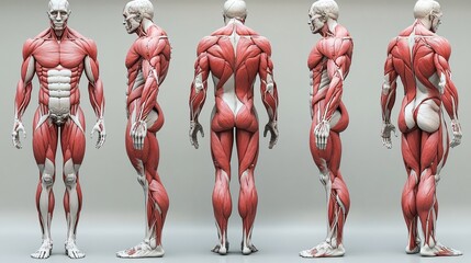 3D Human Muscular System: A realistic 3D model displaying all major muscle groups in the human body, from different angles.