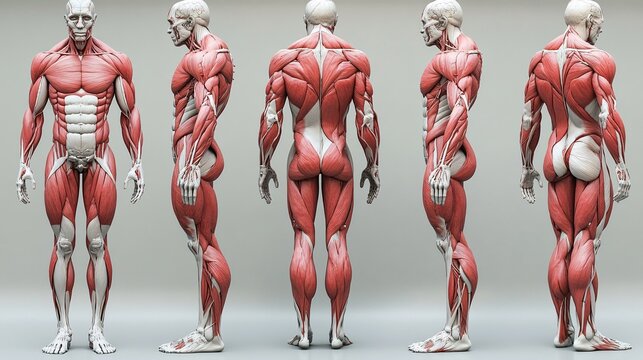 3D Human Muscular System: A realistic 3D model displaying all major muscle groups in the human body, from different angles.