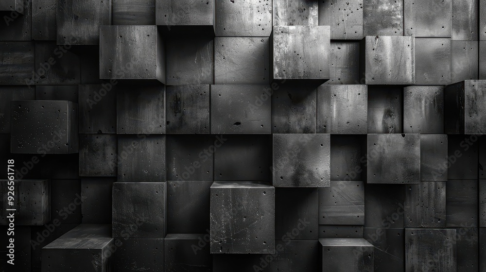 Poster abstract grey geometric blocks creating a 3d textured pattern against a dark background.