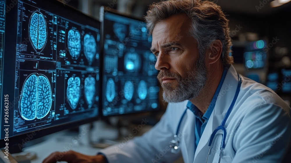 Poster A healthcare expert intently analyzes brain imaging data on multiple screens, showcasing advanced medical technology in a high-tech environment