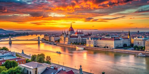 Obraz premium Vibrant summer sunset over Budapest skyline, Budapest, Hungary, summer, sunset, cityscape, skyline, architecture, Danube River