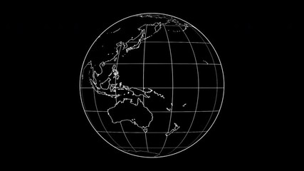 World globe map spinning in white lines on a black background. 3D planet Earth map rotating in seamless loop. Concept of technology, engineering, and science.