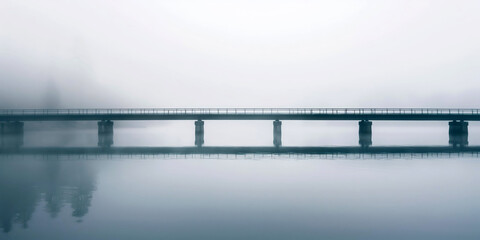 Fototapeta premium Misty Bridge Reflection Over Calm Water on a Foggy Morning