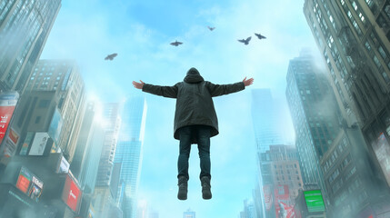 A man levitates above a bustling city, arms outstretched, surrounded by skyscrapers and birds