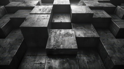Abstract geometric pattern of industrial metallic cubes in a dark monochromatic setting.