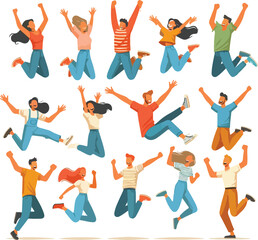 Happy characters jumping for joy, and fu. Young excited people celebrating success, achievement. Free active men, women with positive energy. Flat vector illustrations set isolated on white background