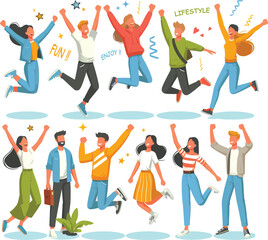 Happy characters jumping for joy, and fu. Young excited people celebrating success, achievement. Free active men, women with positive energy. Flat vector illustrations set isolated on white background