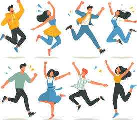 Happy characters jumping for joy, and fu. Young excited people celebrating success, achievement. Free active men, women with positive energy. Flat vector illustrations set isolated on white background