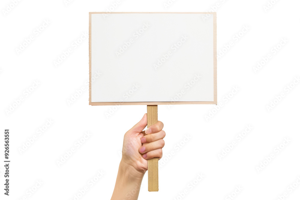 Wall mural human hand holding blank demonstration wooden sign isolated on white or transparent png