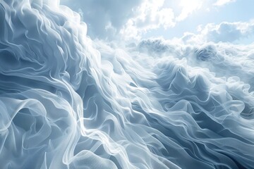 Obraz premium A surreal, abstract scene of flowing white fabric waves against a bright blue sky, evoking a sense of fluidity and movement.