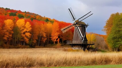 Fototapeta premium Autumn, fall. A windmill turning in a windy field.