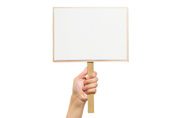 human hand holding blank demonstration wooden sign isolated on white or transparent png