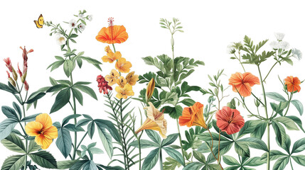 Tropical Floral Border with Red and Yellow Flowers  on White Background