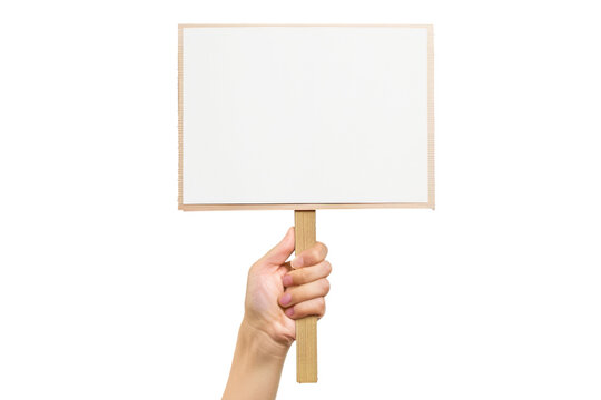 human hand holding blank demonstration wooden sign isolated on white or transparent png
