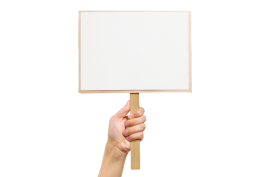 human hand holding blank demonstration wooden sign isolated on white or transparent png