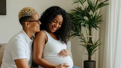 Lesbian couple sitting on a sofa, pregnancy joy, calm and happy home.