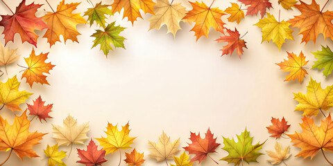 An autumn-themed banner template whith a variety of colorful fall leaves arranged on a soft beige background. Ideal for seasonal sales promotions, marketing campaigns and decorative prints.