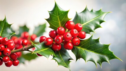 Fototapeta premium Holly sprig with red berries for Christmas decoration, holly, sprig, leaves, green, red, berries, Christmas