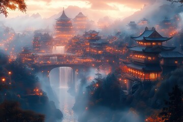 enchanted mountain citadel with winding river stone bridges connecting tiered districts cascading waterfalls and glowing lanterns illuminating misty peaks at twilight