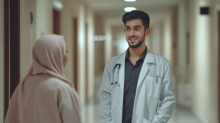 A smiling doctor engages in conversation with a woman in hospital attire