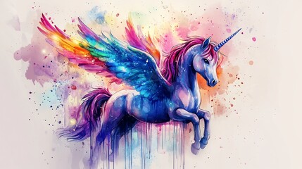 A whimsical watercolor illustration of a unicorn with a flowing mane and horn. The colorful design, mythical creature. Concept of fantasy and creativity.