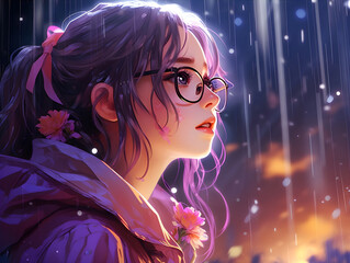 Naklejka premium Cute Shy Introverted Anime Girl with Glasses AI Artwork