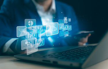 Cloud technology digital transformation change management, internet of things. New technology big data and business process strategy, automate operation, smart industry, customer service management