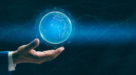 Businessman hand holding virtual global Internet connection metaverse. Business global internet connection application technology and digital marketing, Financial banking, Digital big data.