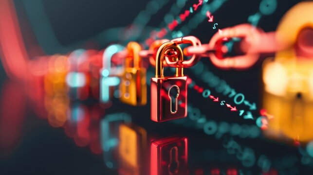 An abstract representation of data encryption, with digital locks and shields symbolizing robust password security measures.