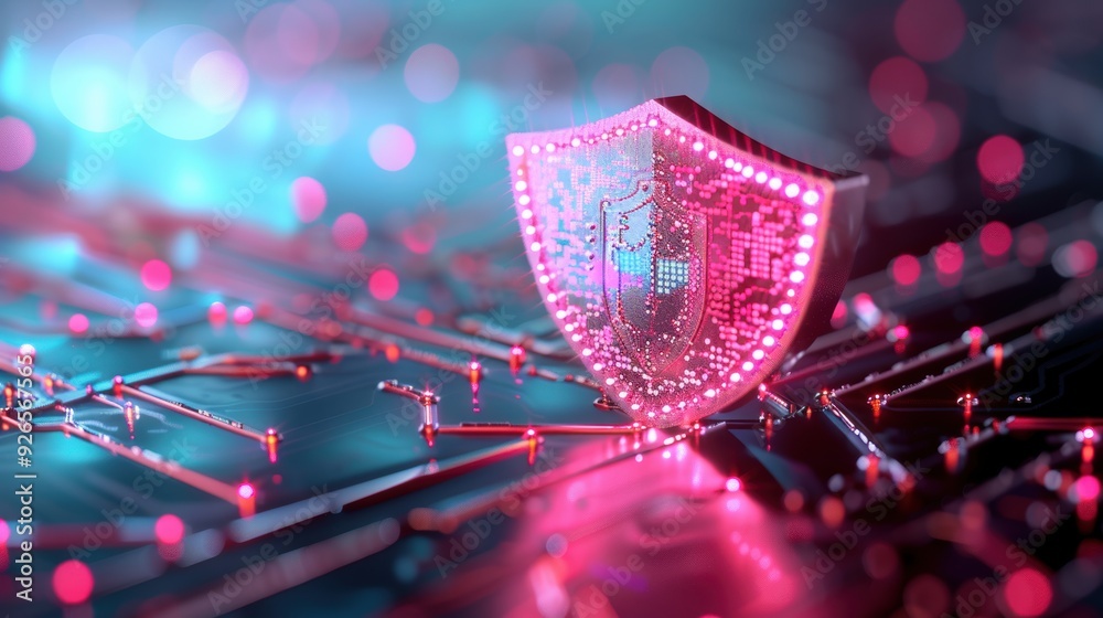 Wall mural A visual metaphor of a shield overlaid with digital security symbols, representing the concept of two-factor authentication and its role in cybersecurity defense.