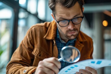 Focused Man Analyzing Data with Magnifying Glass in Modern Office Setting
